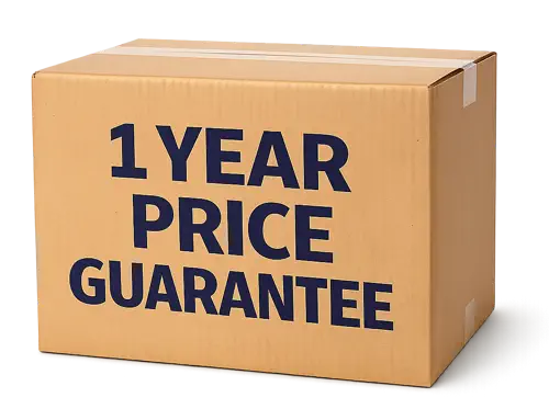 Cardboard box with 1 Year Price Guarantee text