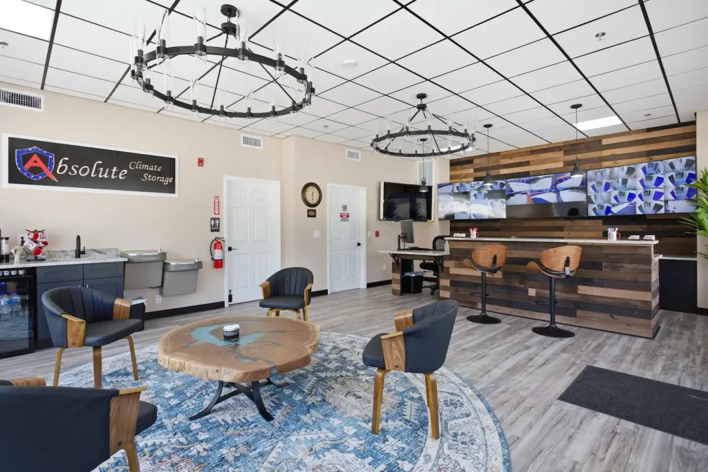 Modern office lobby with reception desk and seating