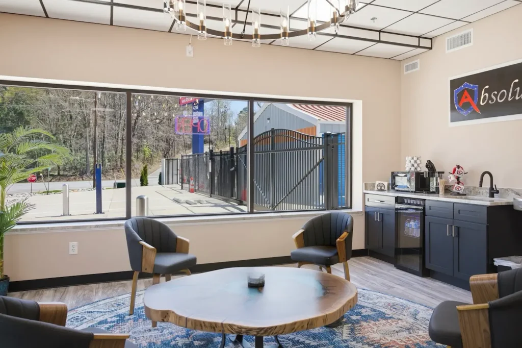 Absolute climate storage waiting room with large window and seating