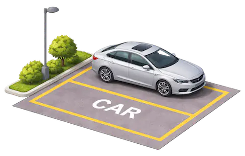 White sedan parked in marked parking space