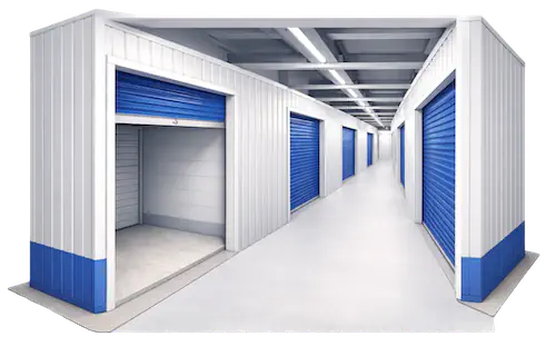 Indoor self-storage units with blue roll-up doors