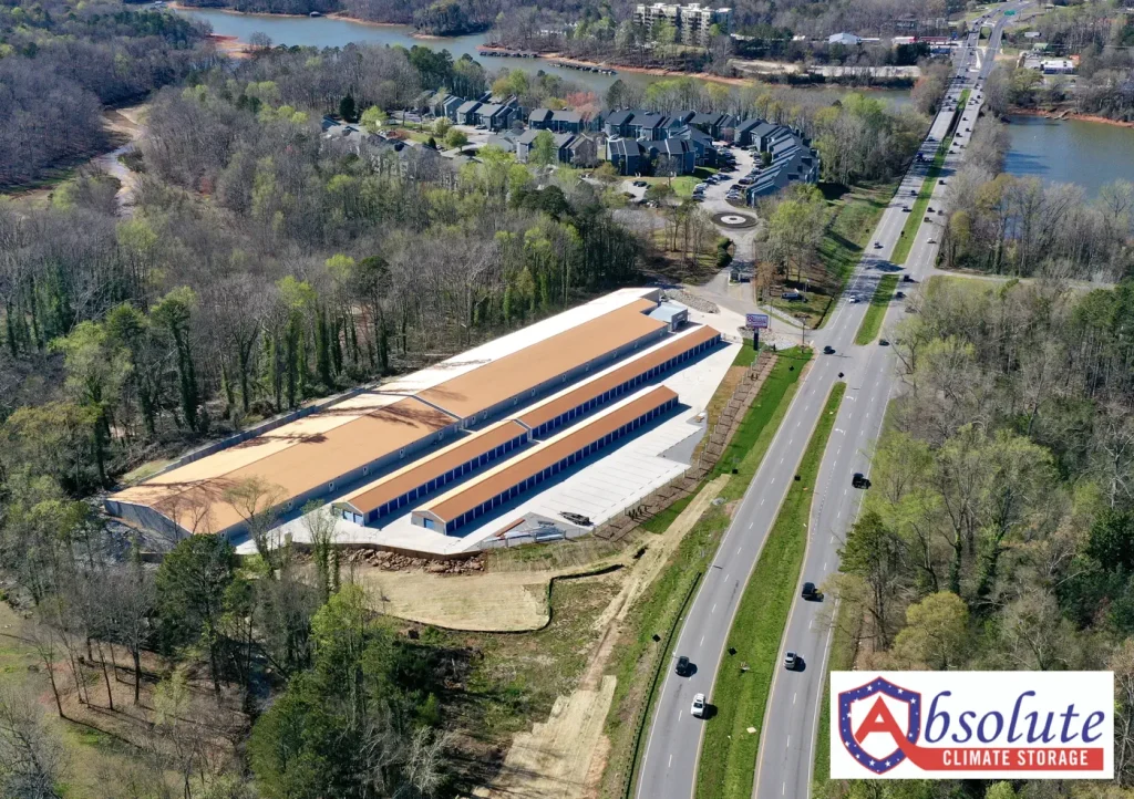 Aerial view of climate-controlled storage facility by Lake Hartwell