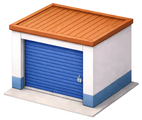 Small detached garage with blue roll-up door