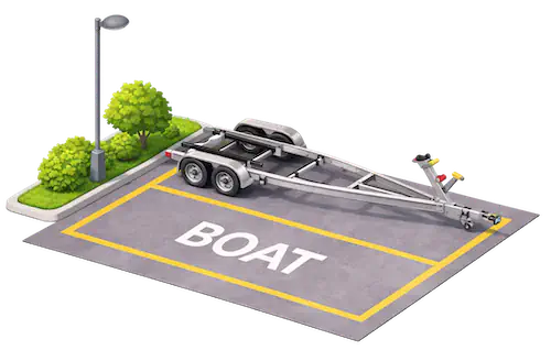 Boat trailer parked in designated boat space